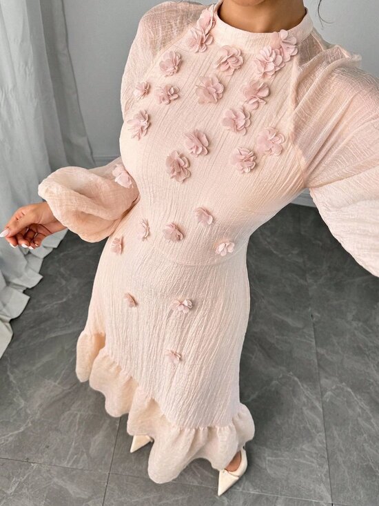 Dresses & Skirts - Pink Elegant Women's 3d Floral Decor Lantern Sleeve Dress